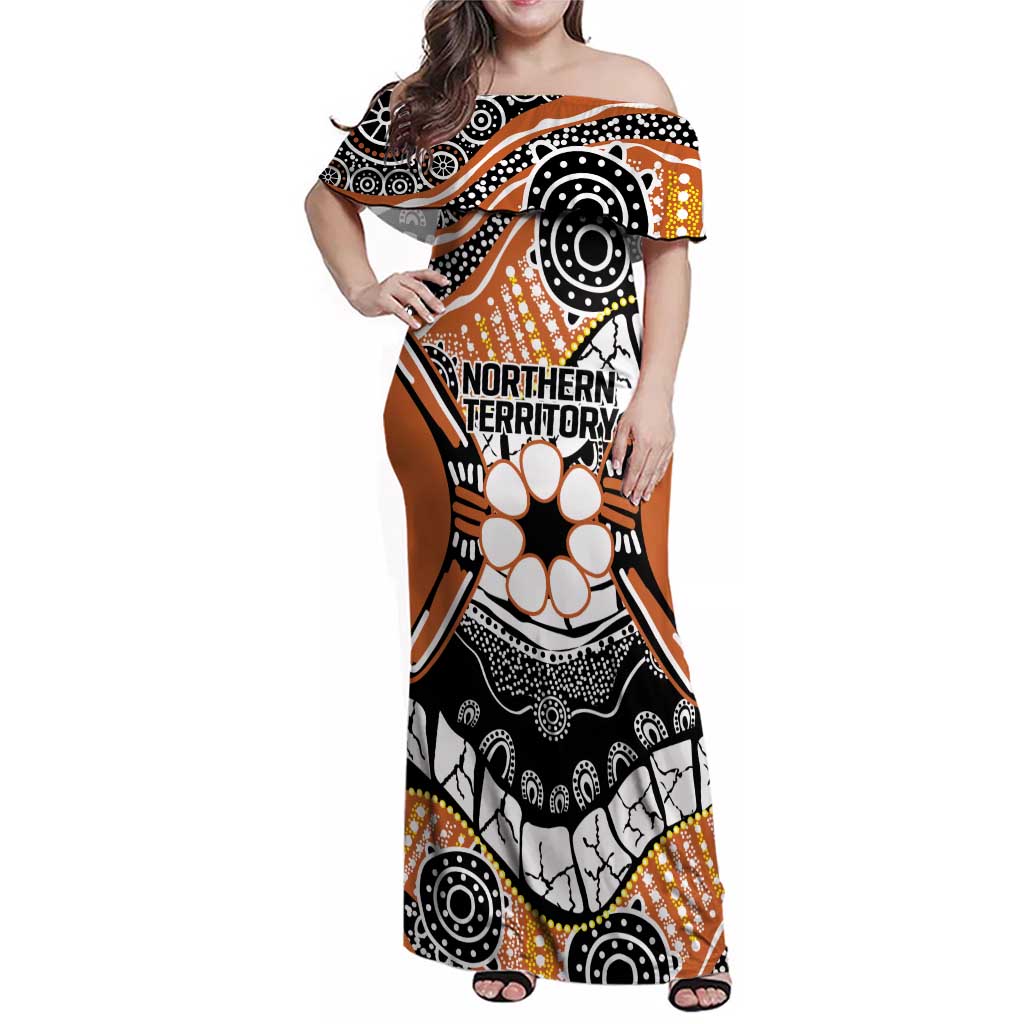 Australian Northern Territory Family Matching Off Shoulder Maxi Dress and Hawaiian Shirt Aboriginal with Sturt's Desert Rose