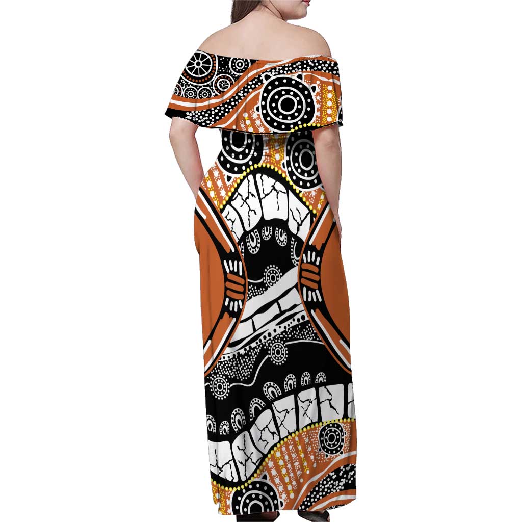 Australian Northern Territory Family Matching Off Shoulder Maxi Dress and Hawaiian Shirt Aboriginal with Sturt's Desert Rose