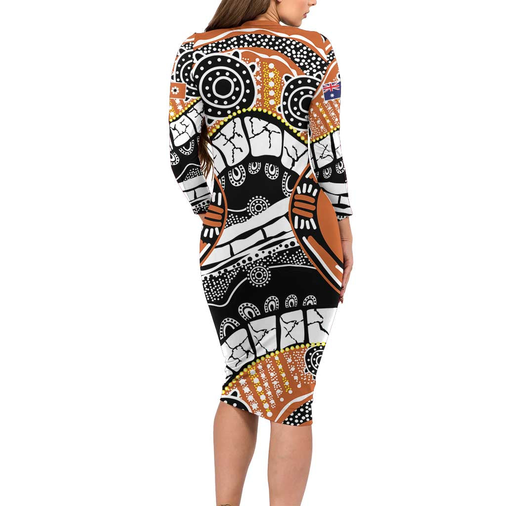 Australian Northern Territory Long Sleeve Bodycon Dress Aboriginal with Sturt's Desert Rose