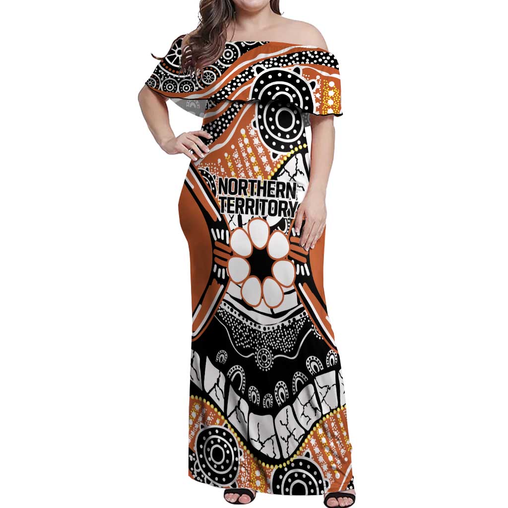 Australian Northern Territory Off Shoulder Maxi Dress Aboriginal with Sturt's Desert Rose