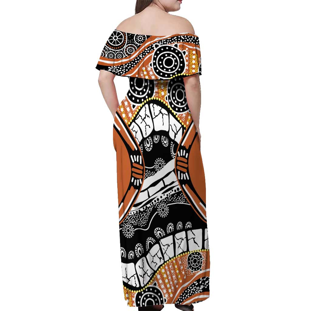 Australian Northern Territory Off Shoulder Maxi Dress Aboriginal with Sturt's Desert Rose