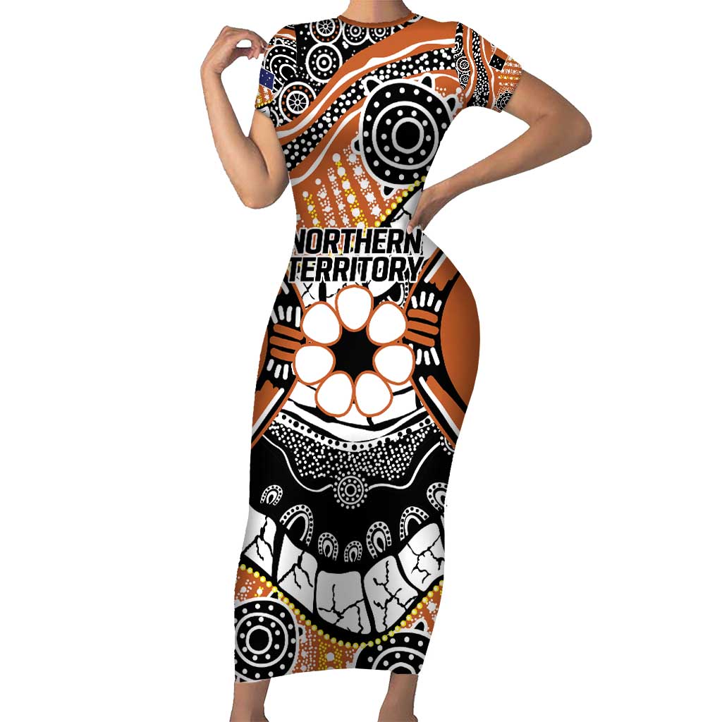 Australian Northern Territory Short Sleeve Bodycon Dress Aboriginal with Sturt's Desert Rose