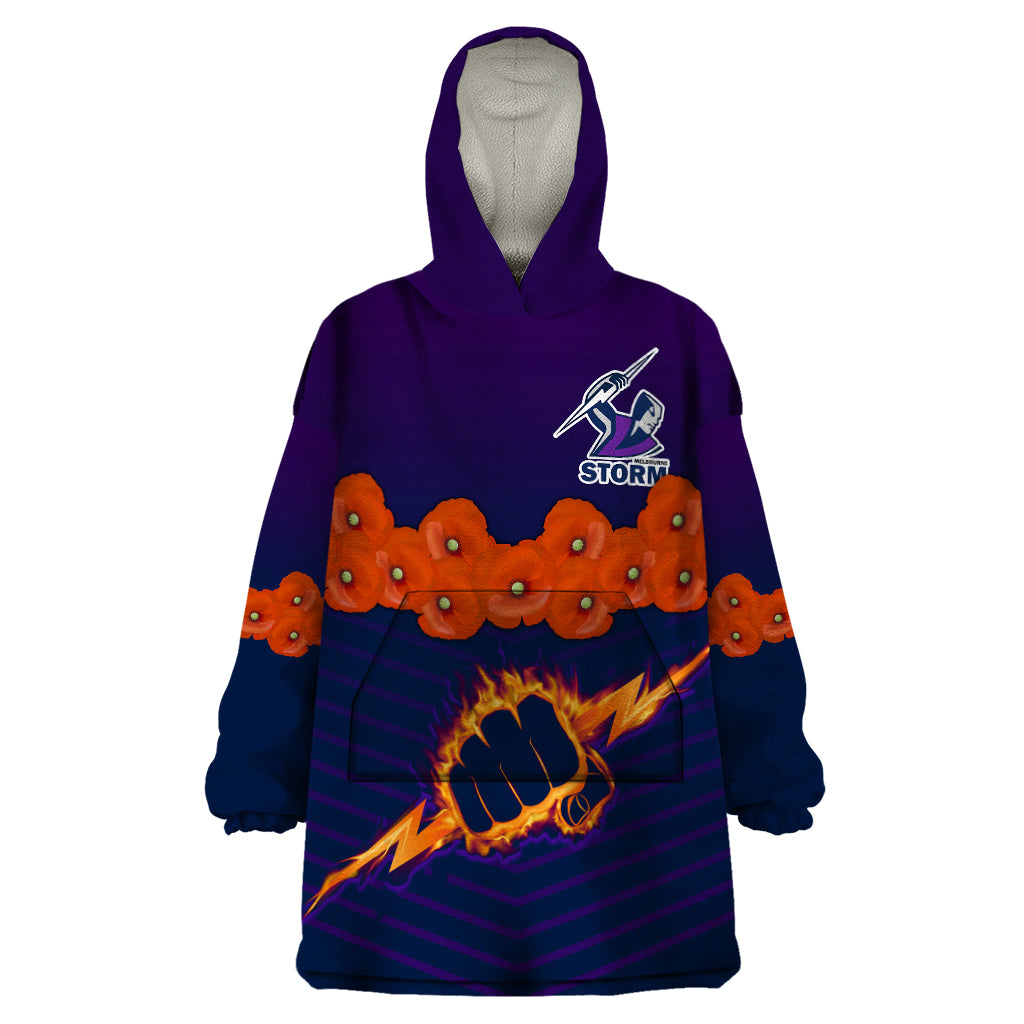 ANZAC 2023 Melbourne Storm Rugby Wearable Blanket Hoodie Poppy Flowers Sporty Style - Vibe Hoodie Shop