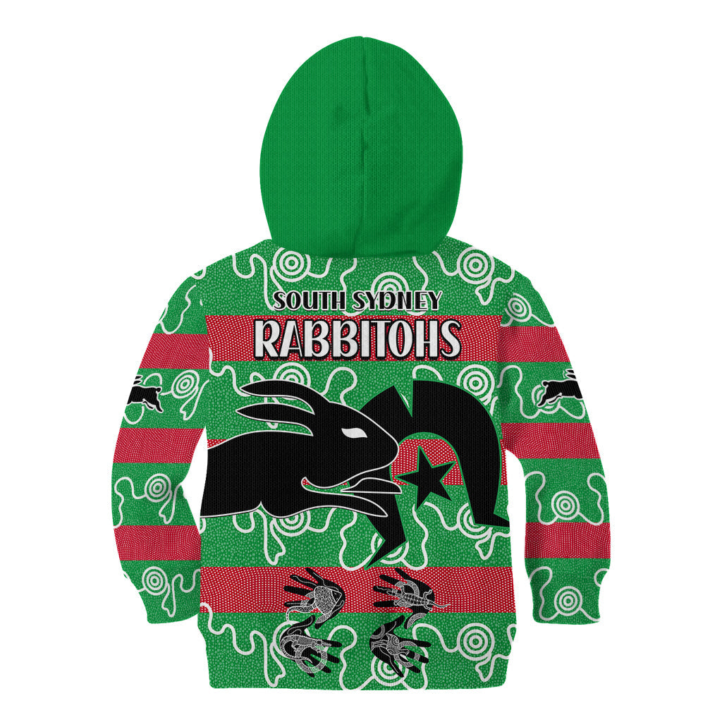 NAIDOC Rabbitohs Rugby Kid Hoodie Go The Bunnies Aboriginal Dots - Vibe Hoodie Shop