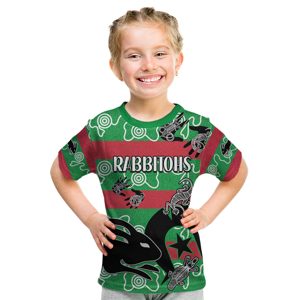 NAIDOC Rabbitohs Rugby Kid T Shirt Go The Bunnies Aboriginal Dots - Vibe Hoodie Shop