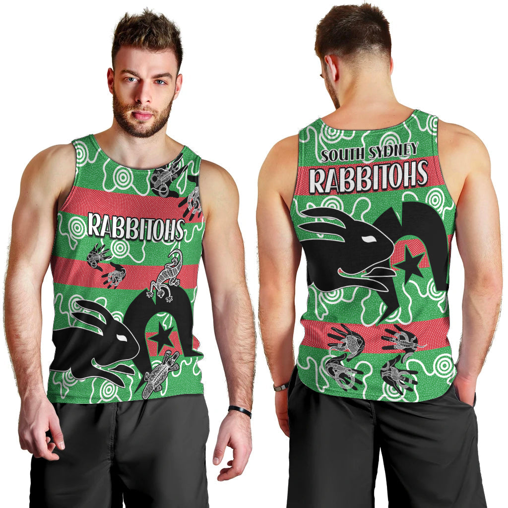 NAIDOC Rabbitohs Rugby Men Tank Top Go The Bunnies Aboriginal Dots - Vibe Hoodie Shop