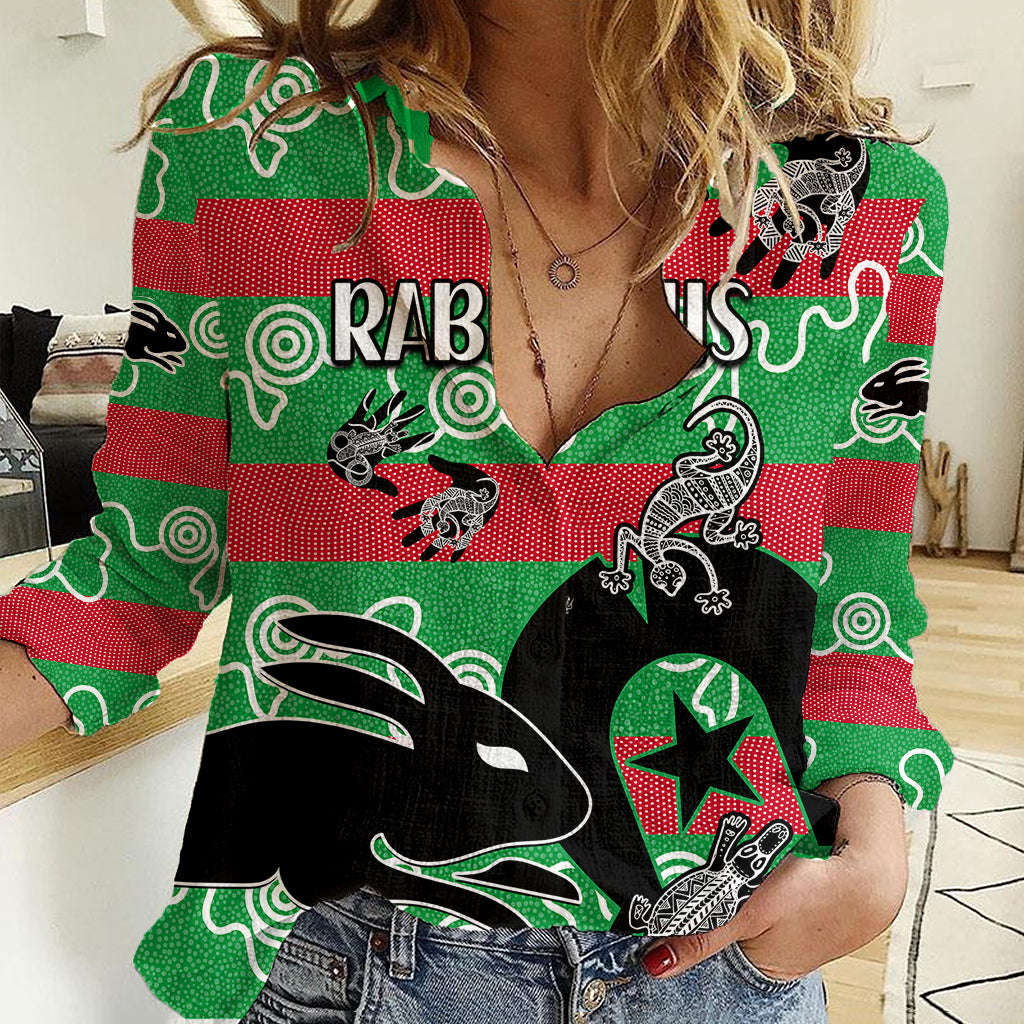 NAIDOC Rabbitohs Rugby Women Casual Shirt Go The Bunnies Aboriginal Dots - Vibe Hoodie Shop