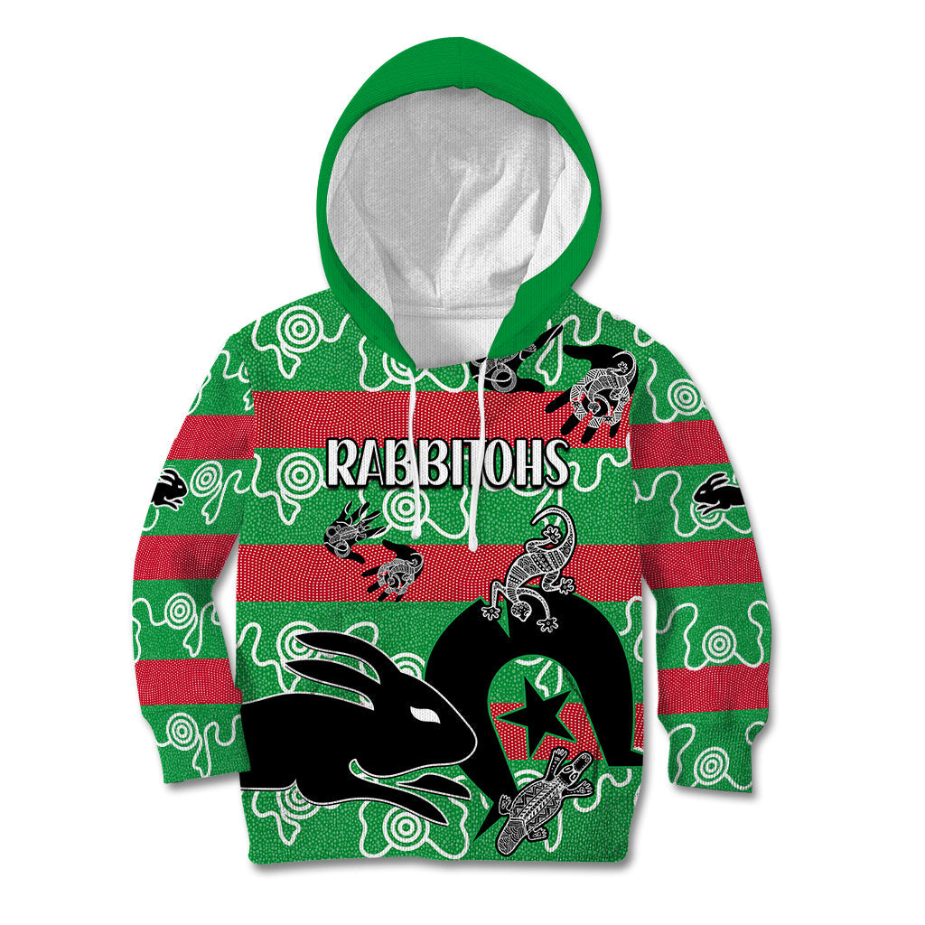 (Custom Text And Number) NAIDOC Rabbitohs Rugby Kid Hoodie Go The Bunnies Aboriginal Dots - Vibe Hoodie Shop
