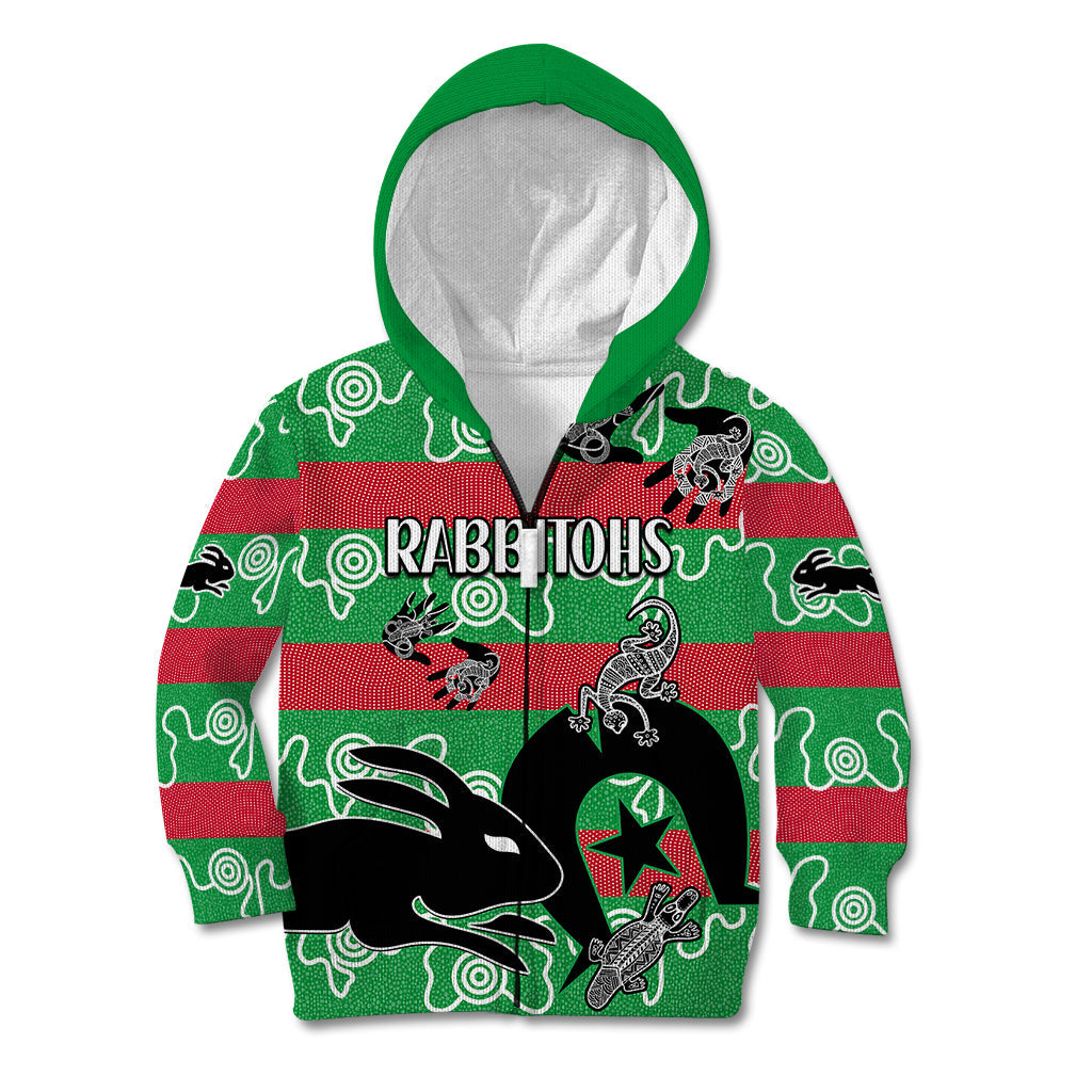 (Custom Text And Number) NAIDOC Rabbitohs Rugby Kid Hoodie Go The Bunnies Aboriginal Dots - Vibe Hoodie Shop
