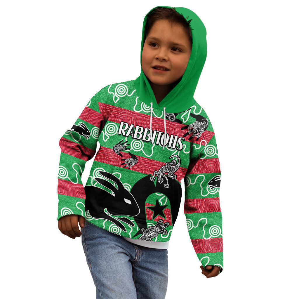 (Custom Text And Number) NAIDOC Rabbitohs Rugby Kid Hoodie Go The Bunnies Aboriginal Dots - Vibe Hoodie Shop