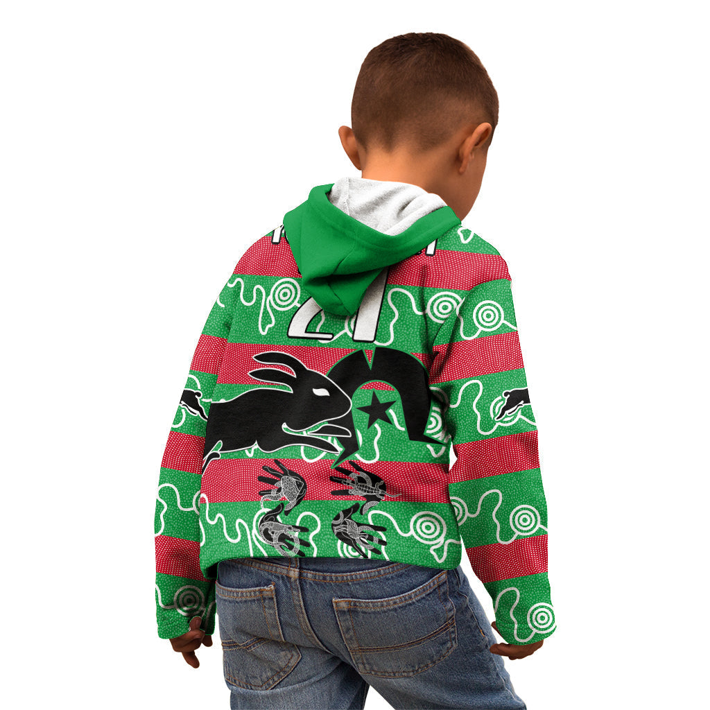 (Custom Text And Number) NAIDOC Rabbitohs Rugby Kid Hoodie Go The Bunnies Aboriginal Dots - Vibe Hoodie Shop