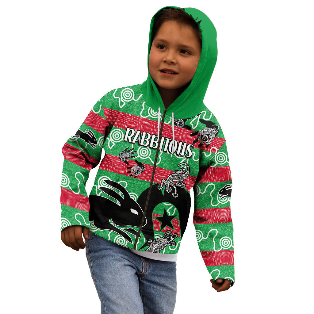 (Custom Text And Number) NAIDOC Rabbitohs Rugby Kid Hoodie Go The Bunnies Aboriginal Dots - Vibe Hoodie Shop