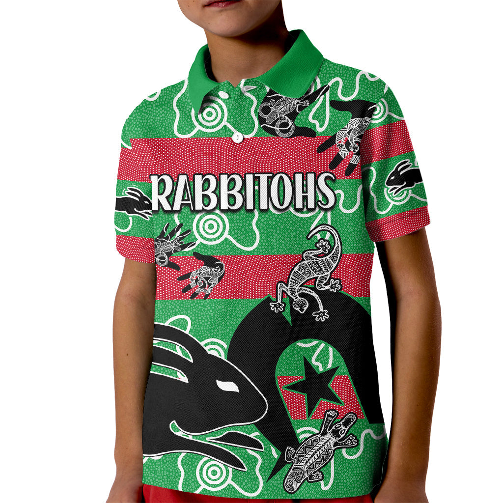 (Custom Text And Number) NAIDOC Rabbitohs Rugby Kid Polo Shirt Go The Bunnies Aboriginal Dots - Vibe Hoodie Shop