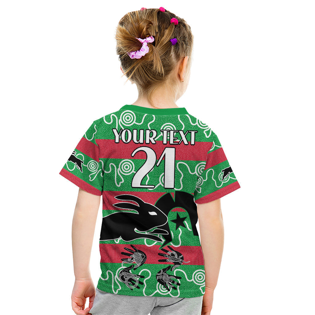(Custom Text And Number) NAIDOC Rabbitohs Rugby Kid T Shirt Go The Bunnies Aboriginal Dots - Vibe Hoodie Shop