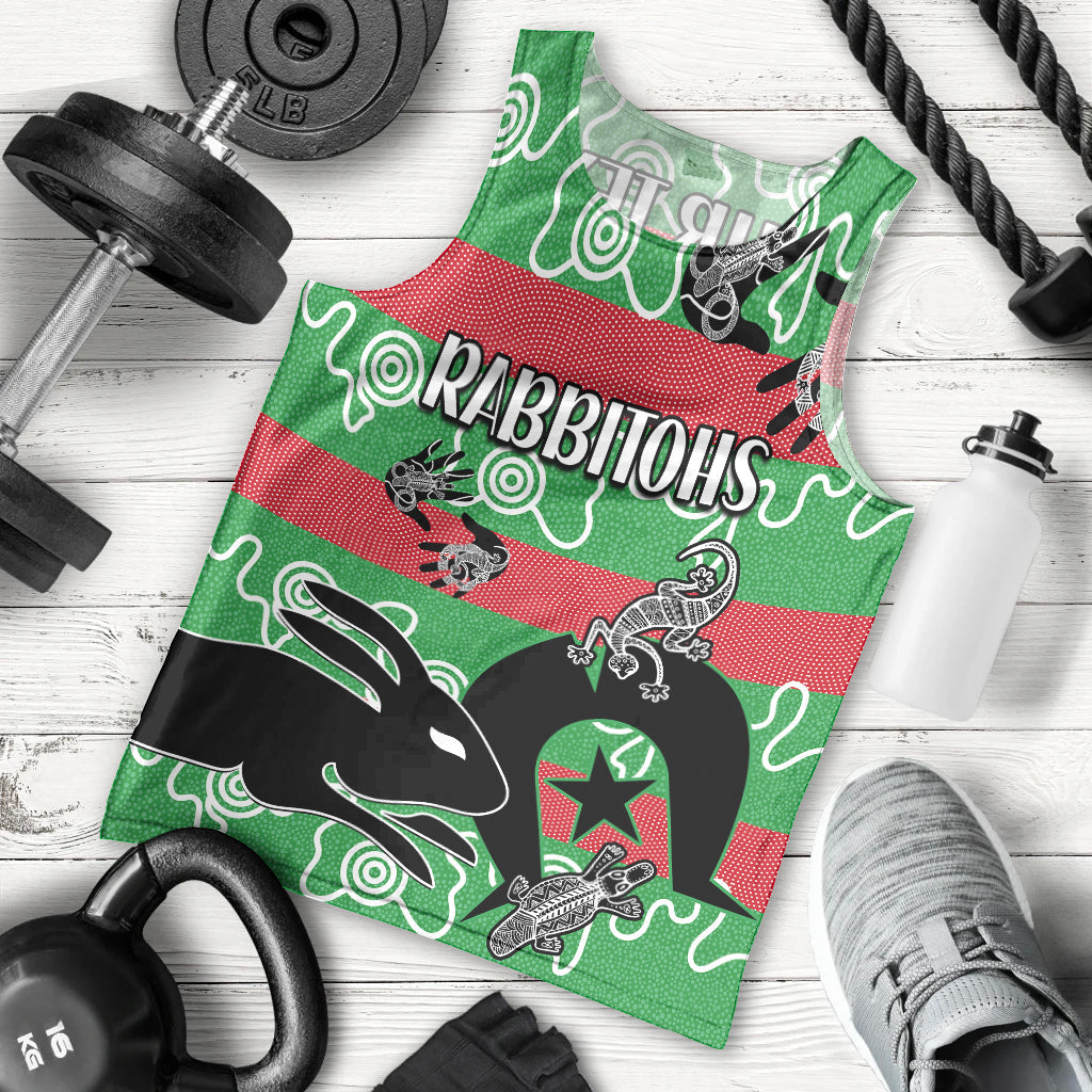 (Custom Text And Number) NAIDOC Rabbitohs Rugby Men Tank Top Go The Bunnies Aboriginal Dots - Vibe Hoodie Shop
