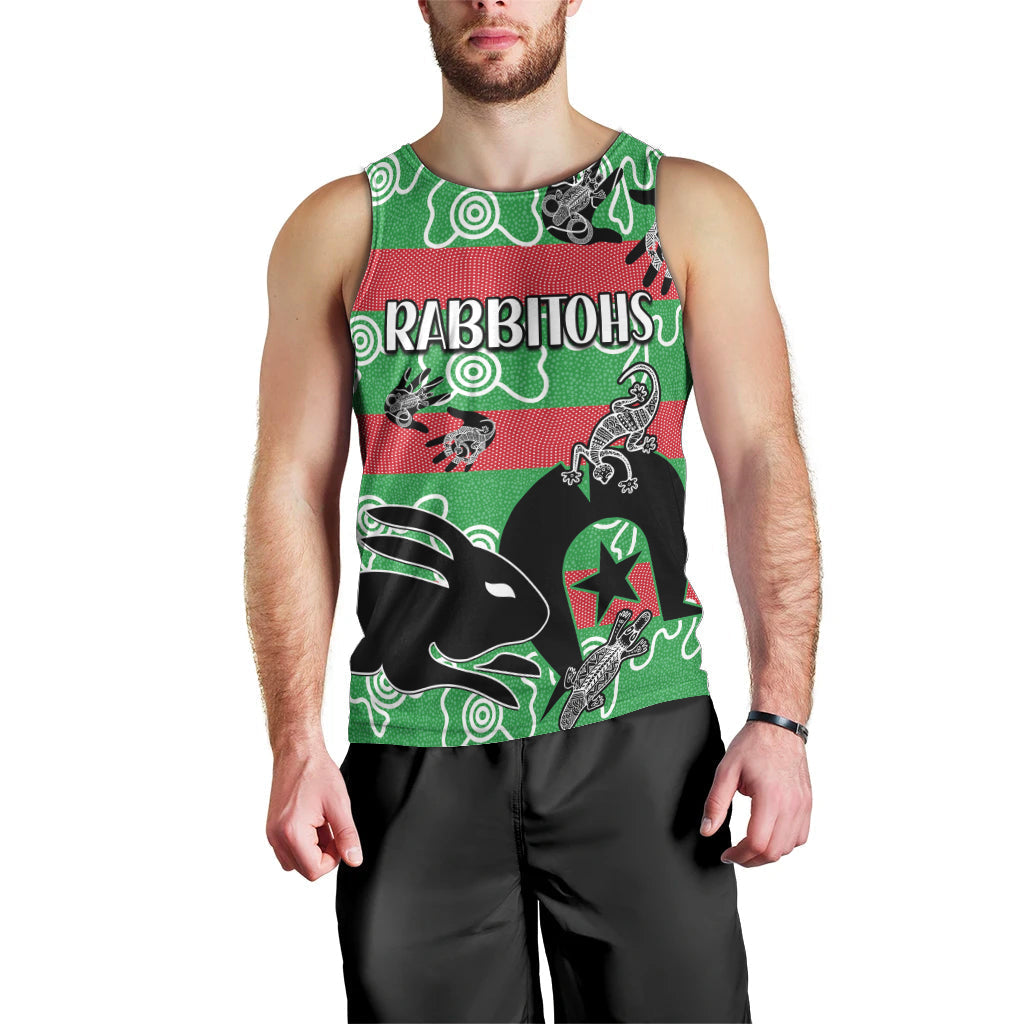 (Custom Text And Number) NAIDOC Rabbitohs Rugby Men Tank Top Go The Bunnies Aboriginal Dots - Vibe Hoodie Shop