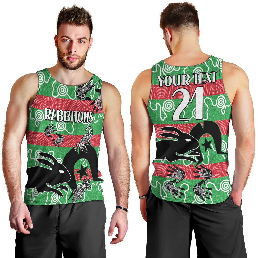 (Custom Text And Number) NAIDOC Rabbitohs Rugby Men Tank Top Go The Bunnies Aboriginal Dots - Vibe Hoodie Shop