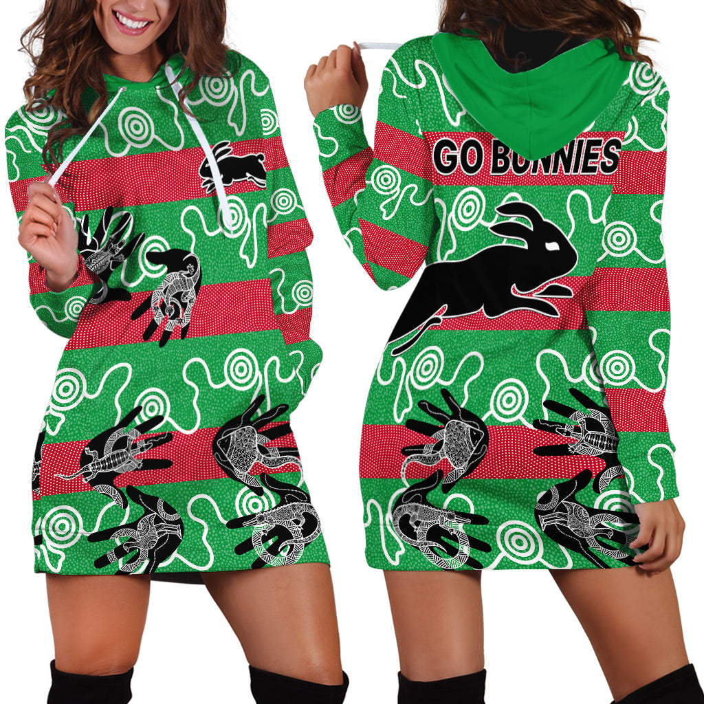 Rabbitohs Rugby Premiers Hoodie Dress Go The Bunnies Aboriginal Dots - Vibe Hoodie Shop