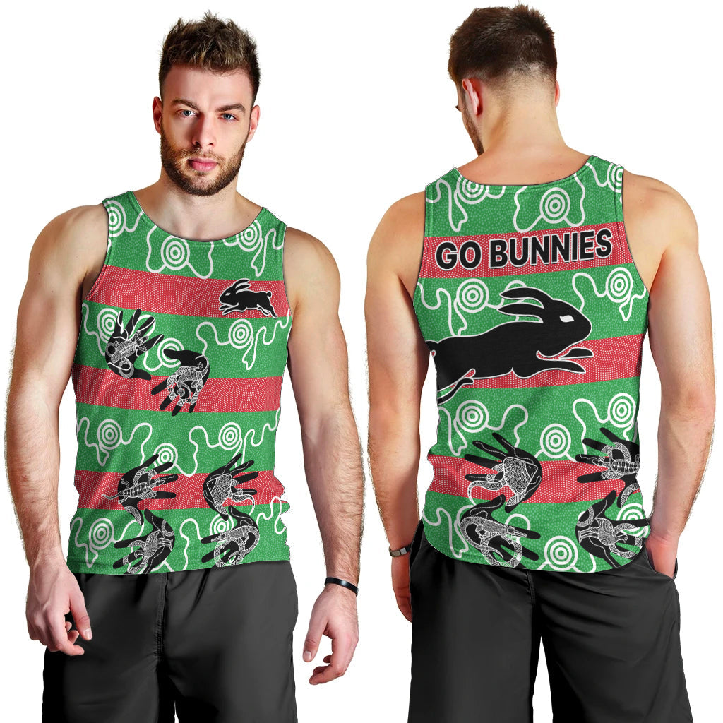 Rabbitohs Rugby Premiers Men Tank Top Go The Bunnies Aboriginal Dots - Vibe Hoodie Shop