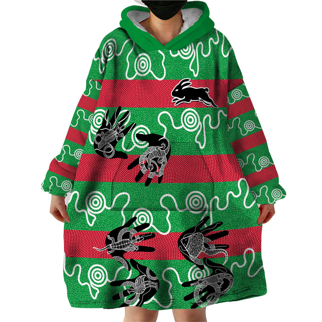 Rabbitohs Rugby Premiers Wearable Blanket Hoodie Go The Bunnies Aboriginal Dots - Vibe Hoodie Shop