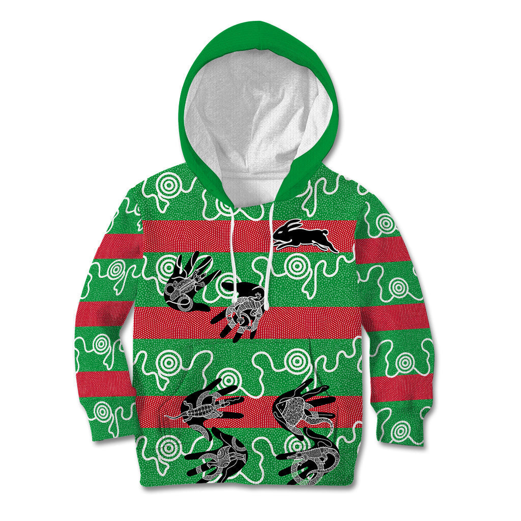 (Custom Text And Number) Rabbitohs Rugby Premiers Kid Hoodie Go The Bunnies Aboriginal Dots - Vibe Hoodie Shop
