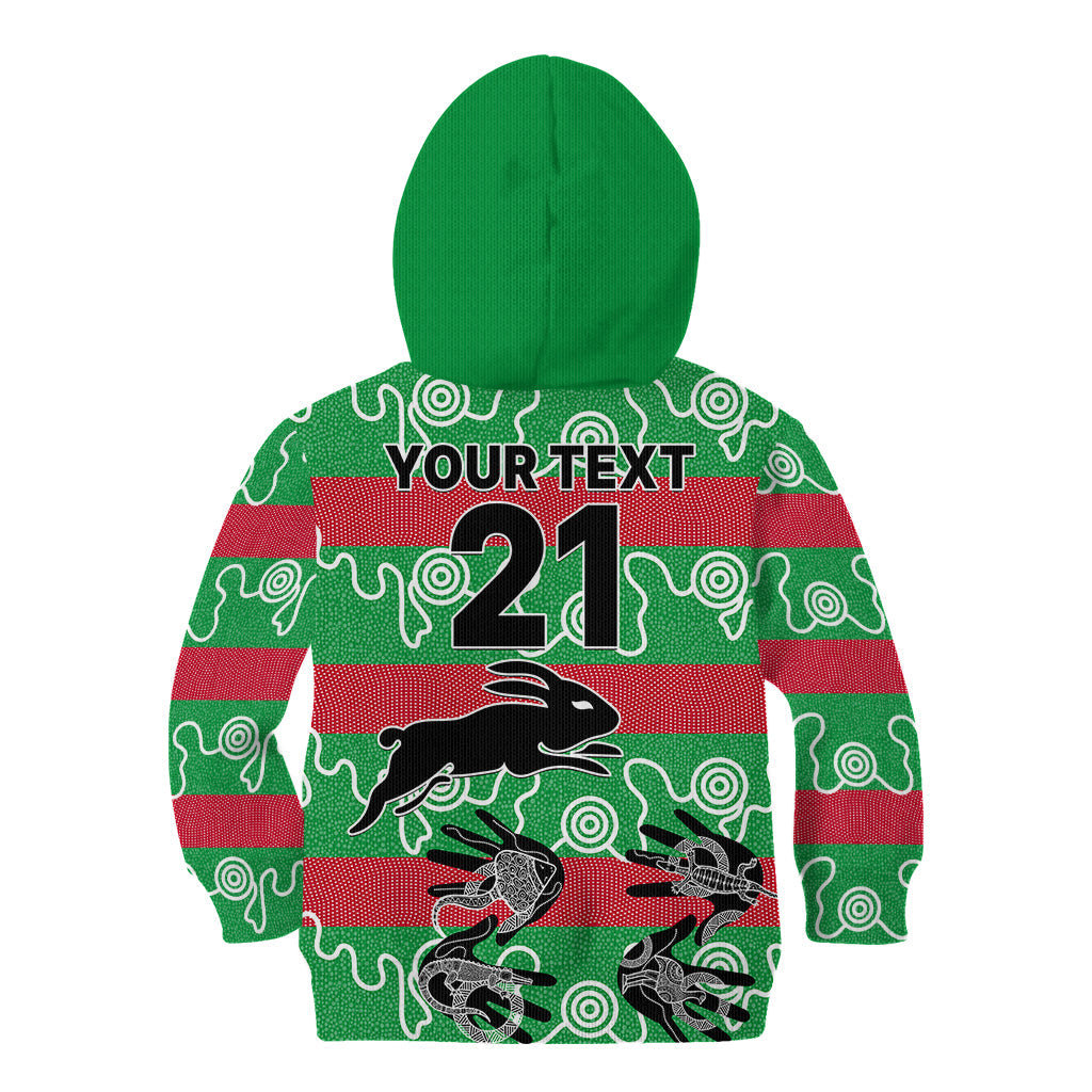 (Custom Text And Number) Rabbitohs Rugby Premiers Kid Hoodie Go The Bunnies Aboriginal Dots - Vibe Hoodie Shop