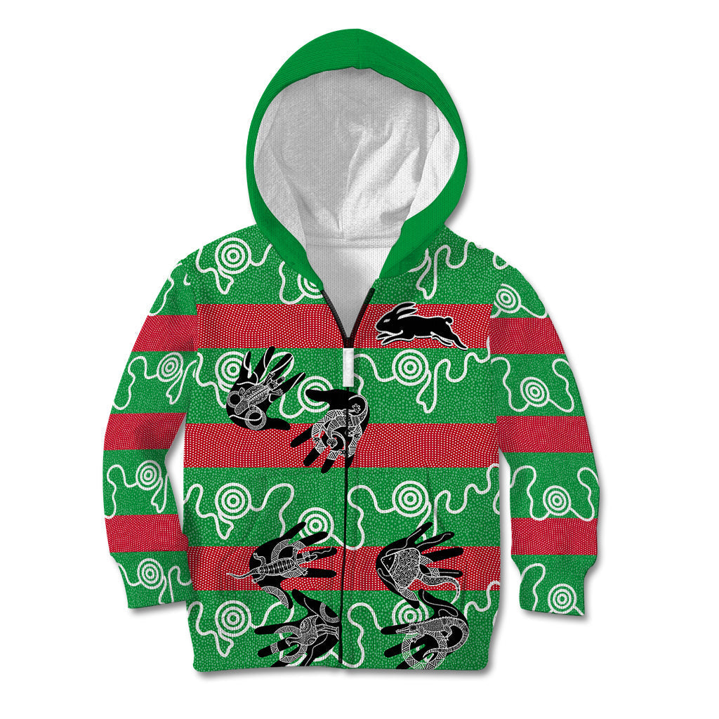 (Custom Text And Number) Rabbitohs Rugby Premiers Kid Hoodie Go The Bunnies Aboriginal Dots - Vibe Hoodie Shop