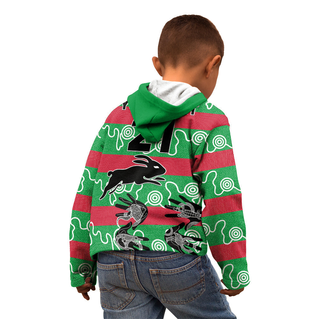 (Custom Text And Number) Rabbitohs Rugby Premiers Kid Hoodie Go The Bunnies Aboriginal Dots - Vibe Hoodie Shop