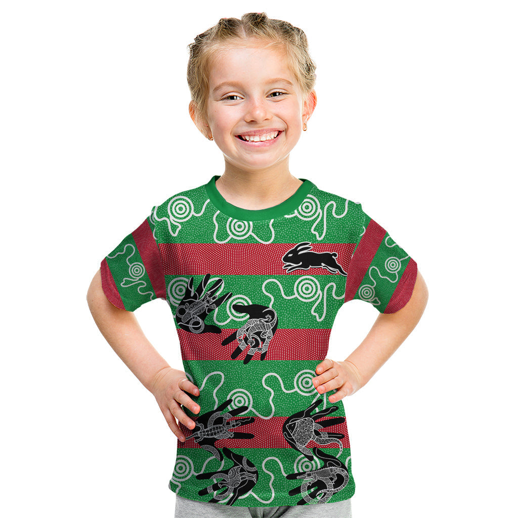 (Custom Text And Number) Rabbitohs Rugby Premiers Kid T Shirt Go The Bunnies Aboriginal Dots - Vibe Hoodie Shop