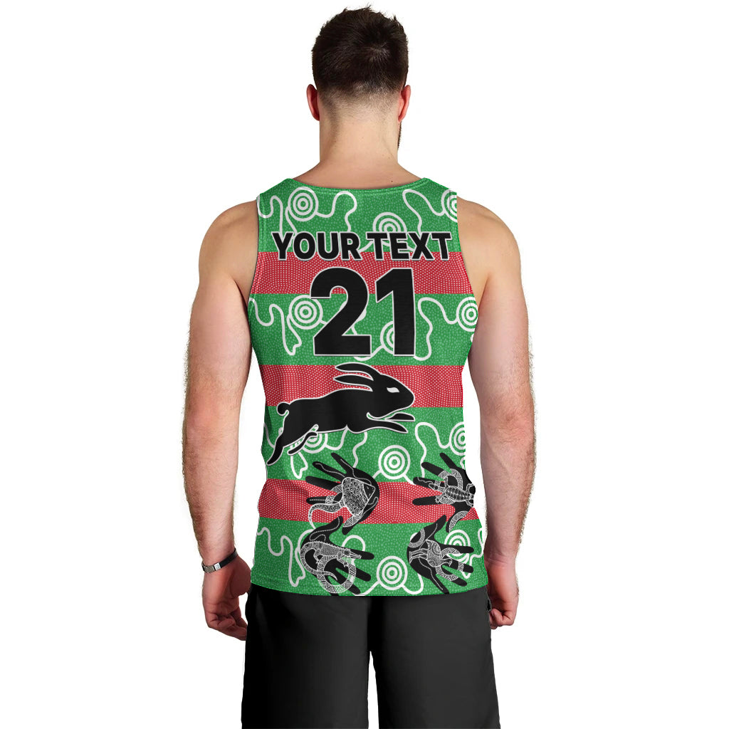 (Custom Text And Number) Rabbitohs Rugby Premiers Men Tank Top Go The Bunnies Aboriginal Dots - Vibe Hoodie Shop