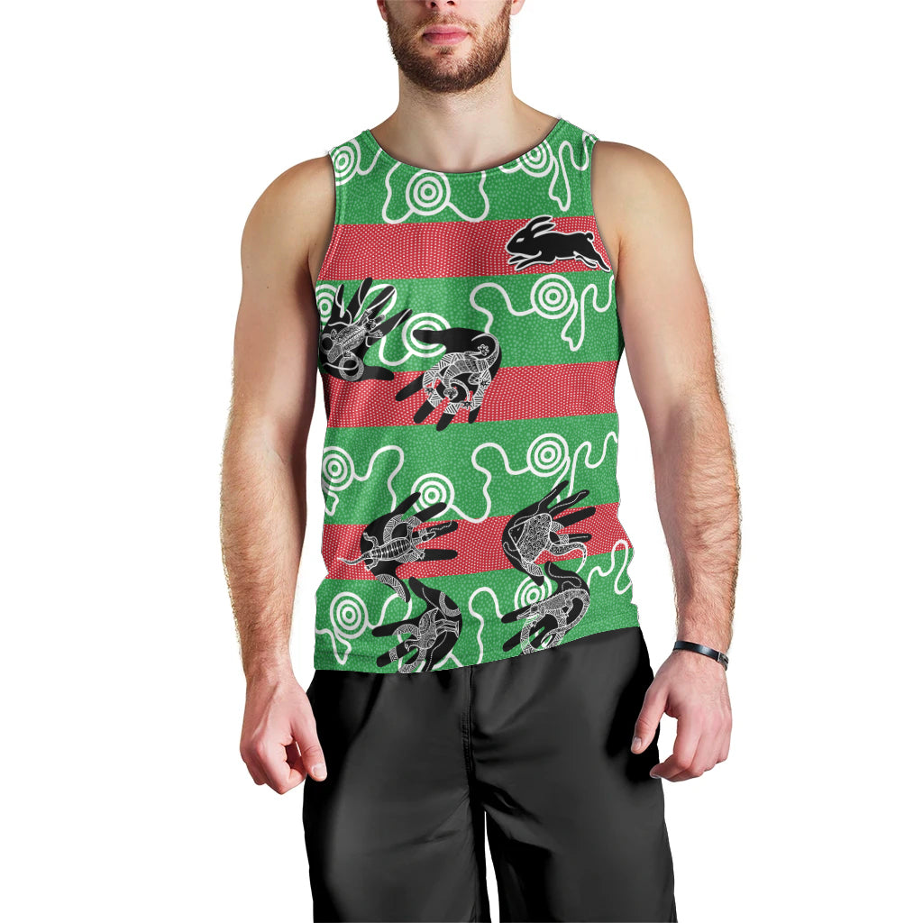 (Custom Text And Number) Rabbitohs Rugby Premiers Men Tank Top Go The Bunnies Aboriginal Dots - Vibe Hoodie Shop