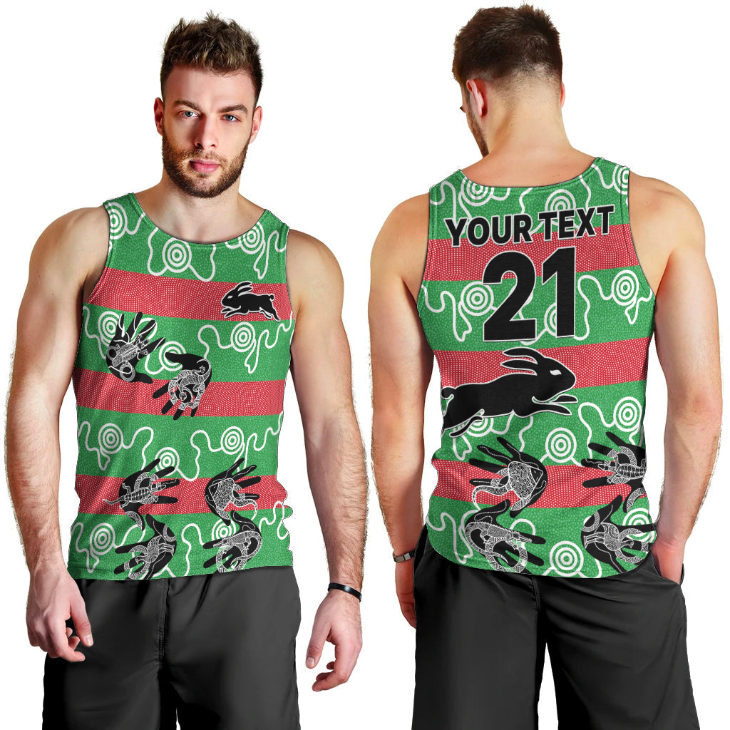 (Custom Text And Number) Rabbitohs Rugby Premiers Men Tank Top Go The Bunnies Aboriginal Dots - Vibe Hoodie Shop
