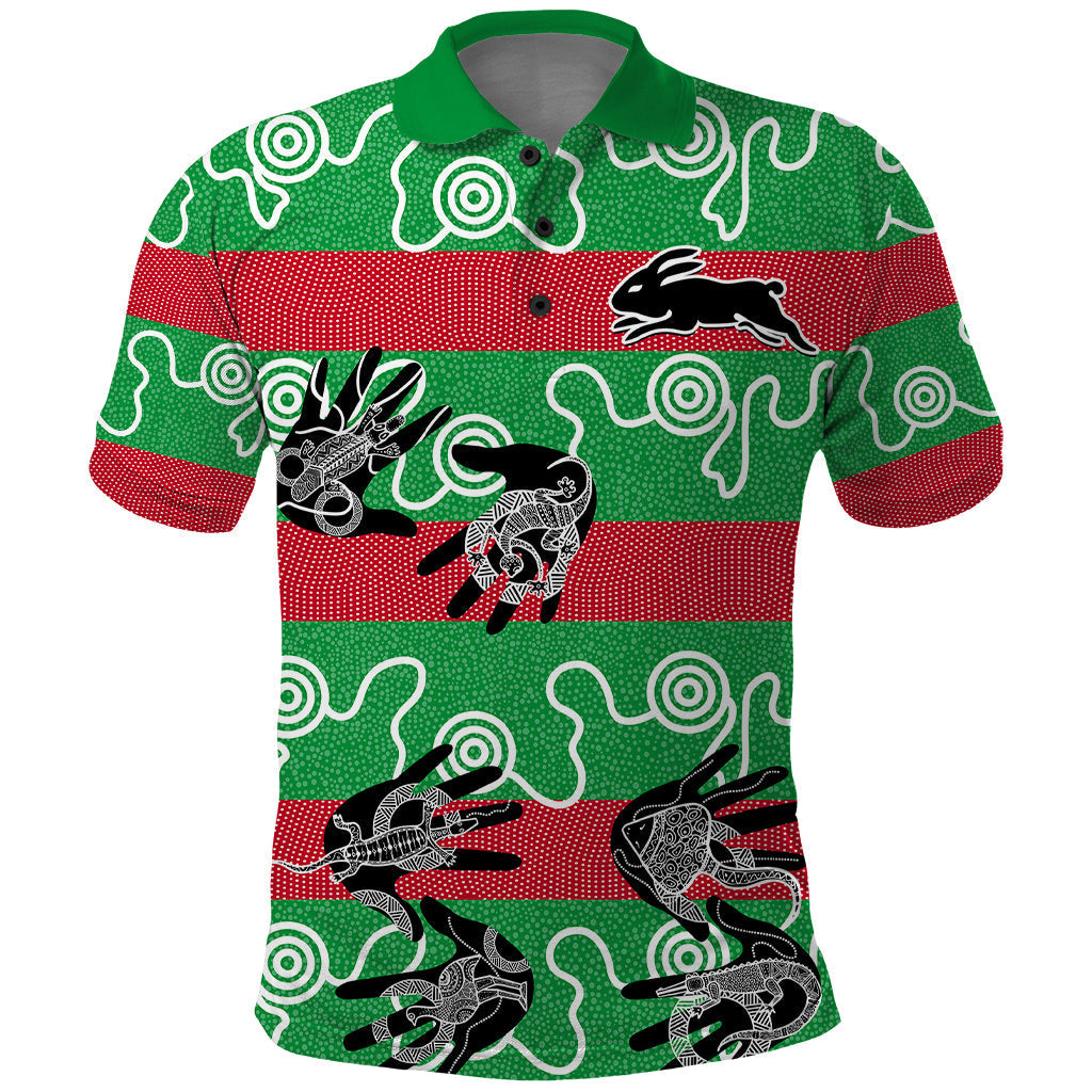 (Custom Text And Number) Rabbitohs Rugby Premiers Polo Shirt Go The Bunnies Aboriginal Dots LT9 - Vibe Hoodie Shop