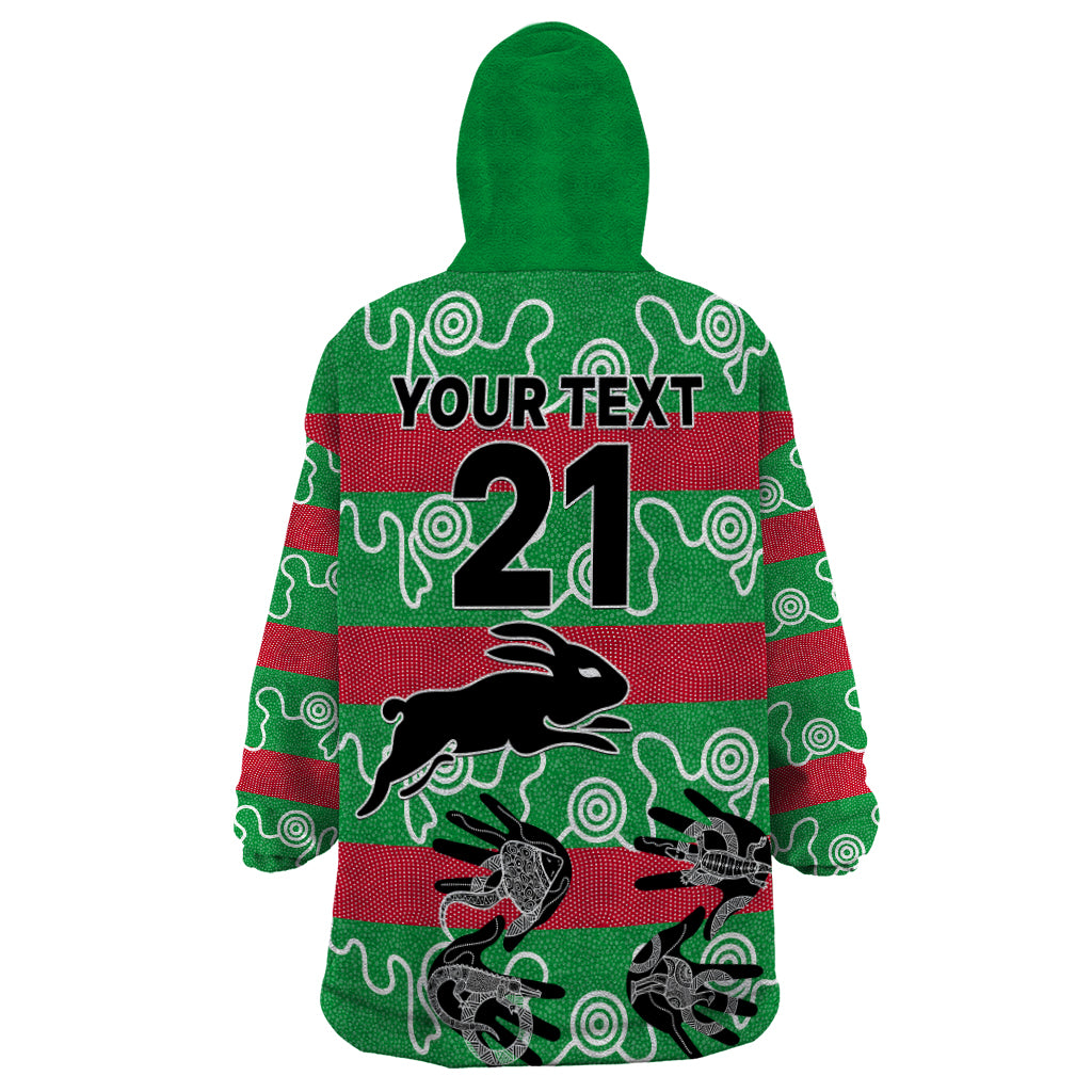 (Custom Text And Number) Rabbitohs Rugby Premiers Wearable Blanket Hoodie Go The Bunnies Aboriginal Dots - Vibe Hoodie Shop