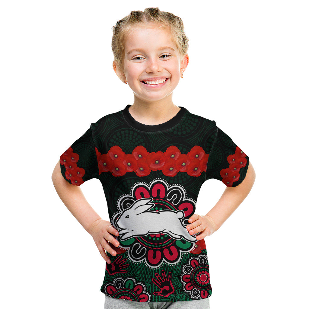 ANZAC 2023 NRL Rabbitohs Rugby Kid T Shirt The Bunnies 1908 Poppy Flowers Mixed Aboriginal - Vibe Hoodie Shop