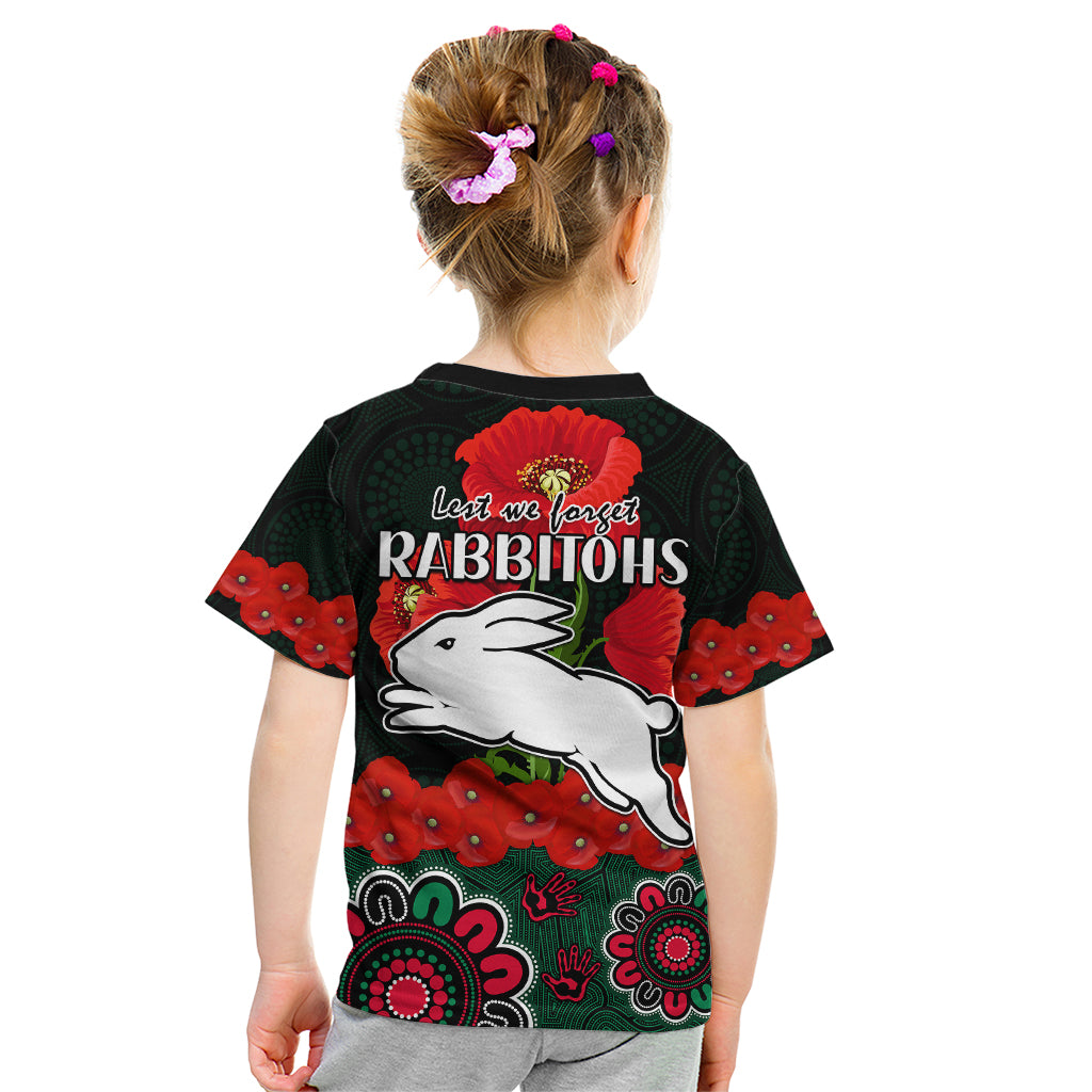 ANZAC 2023 NRL Rabbitohs Rugby Kid T Shirt The Bunnies 1908 Poppy Flowers Mixed Aboriginal - Vibe Hoodie Shop