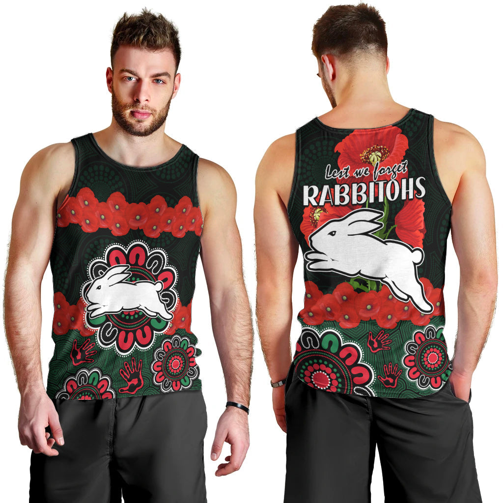 ANZAC 2023 NRL Rabbitohs Rugby Men Tank Top The Bunnies 1908 Poppy Flowers Mixed Aboriginal - Vibe Hoodie Shop