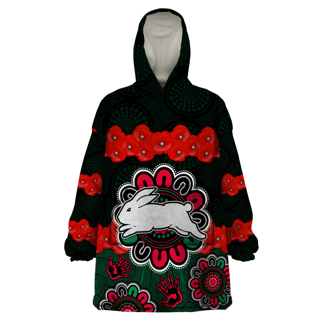 ANZAC 2023 NRL Rabbitohs Rugby Wearable Blanket Hoodie The Bunnies 1908 Poppy Flowers Mixed Aboriginal - Vibe Hoodie Shop