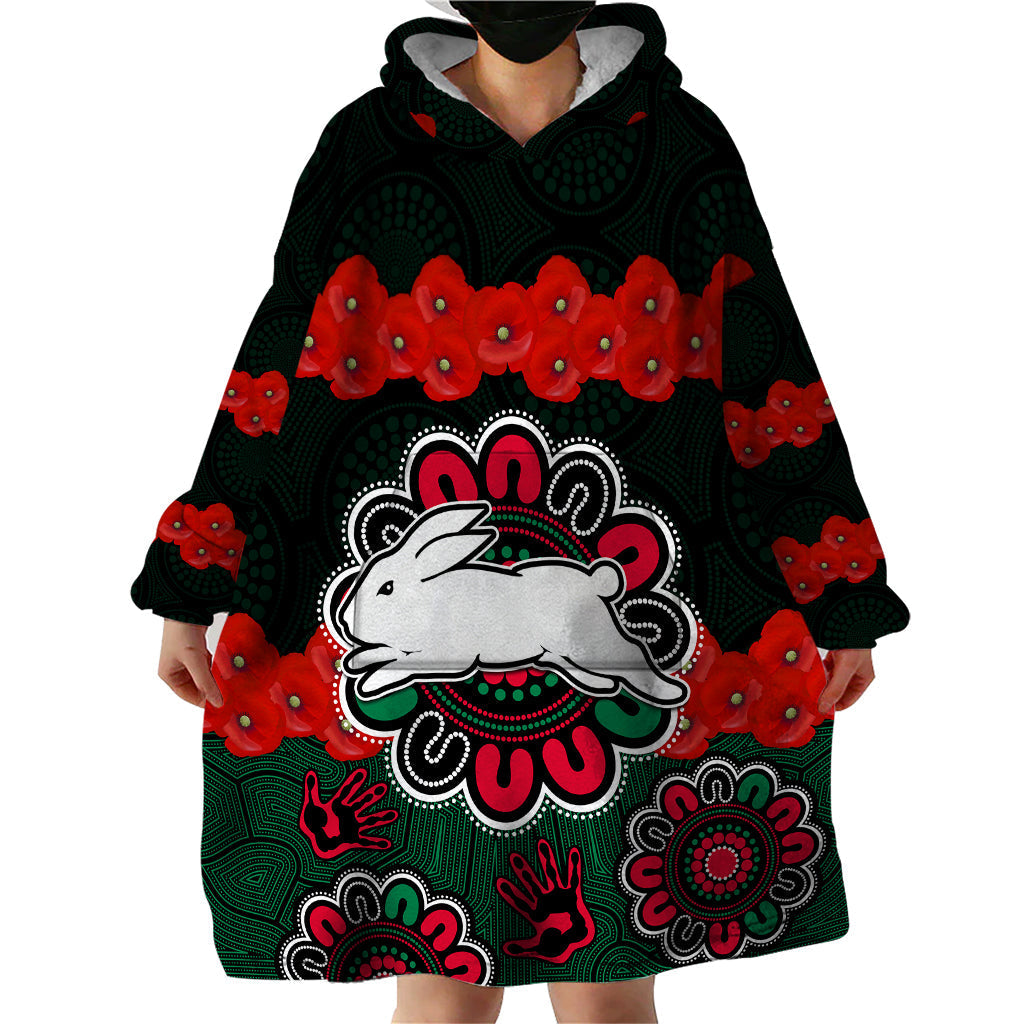 ANZAC 2023 NRL Rabbitohs Rugby Wearable Blanket Hoodie The Bunnies 1908 Poppy Flowers Mixed Aboriginal - Vibe Hoodie Shop