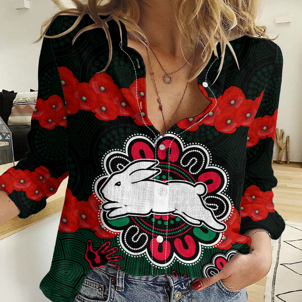 ANZAC 2023 NRL Rabbitohs Rugby Women Casual Shirt The Bunnies 1908 Poppy Flowers Mixed Aboriginal - Vibe Hoodie Shop