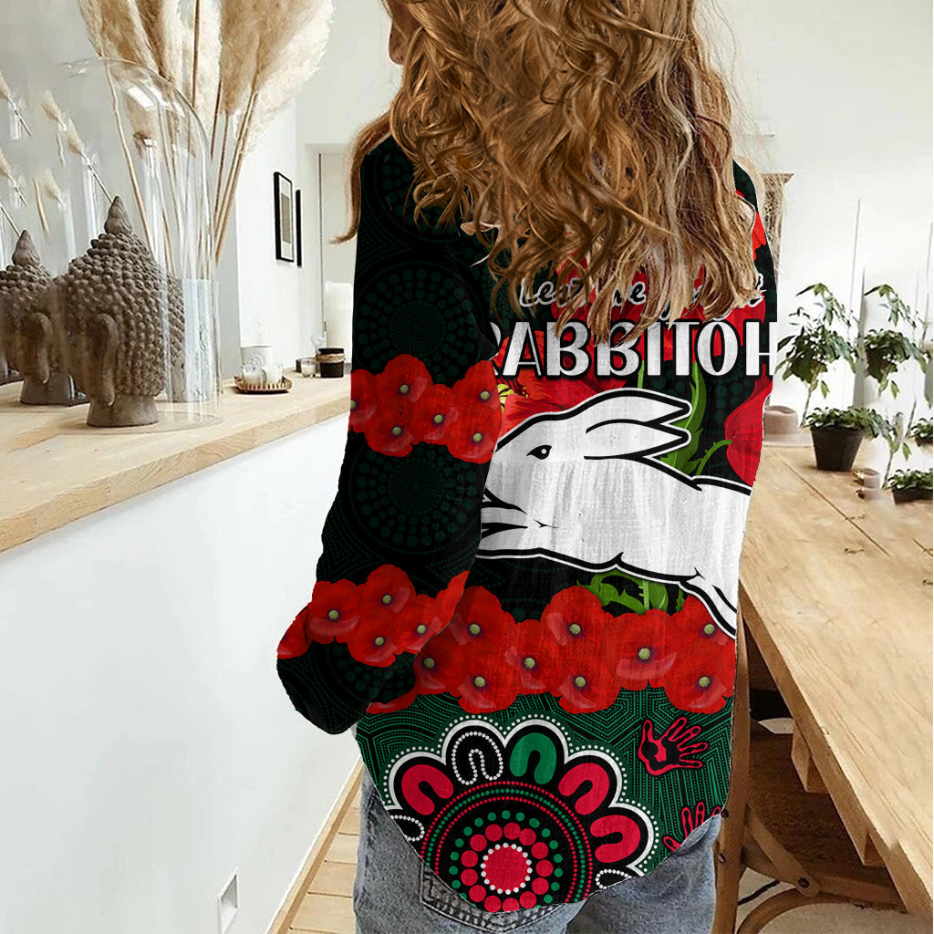 ANZAC 2023 NRL Rabbitohs Rugby Women Casual Shirt The Bunnies 1908 Poppy Flowers Mixed Aboriginal - Vibe Hoodie Shop