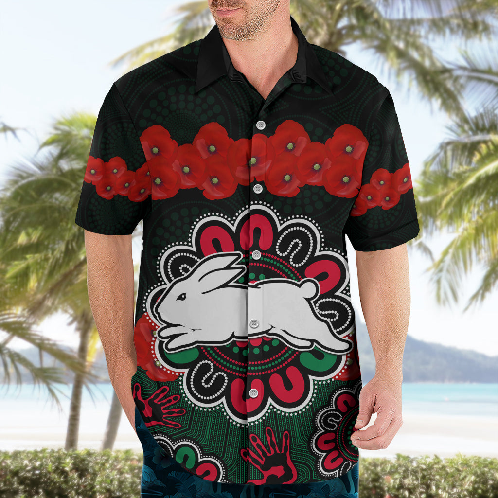 (Custom Text And Number) ANZAC 2023 NRL Rabbitohs Rugby Hawaiian Shirt The Bunnies 1908 Poppy Flowers Mixed Aboriginal - Vibe Hoodie Shop