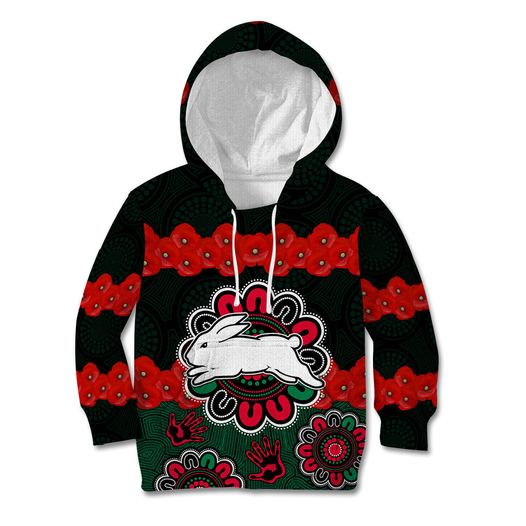 (Custom Text And Number) ANZAC 2023 NRL Rabbitohs Rugby Kid Hoodie The Bunnies 1908 Poppy Flowers Mixed Aboriginal - Vibe Hoodie Shop