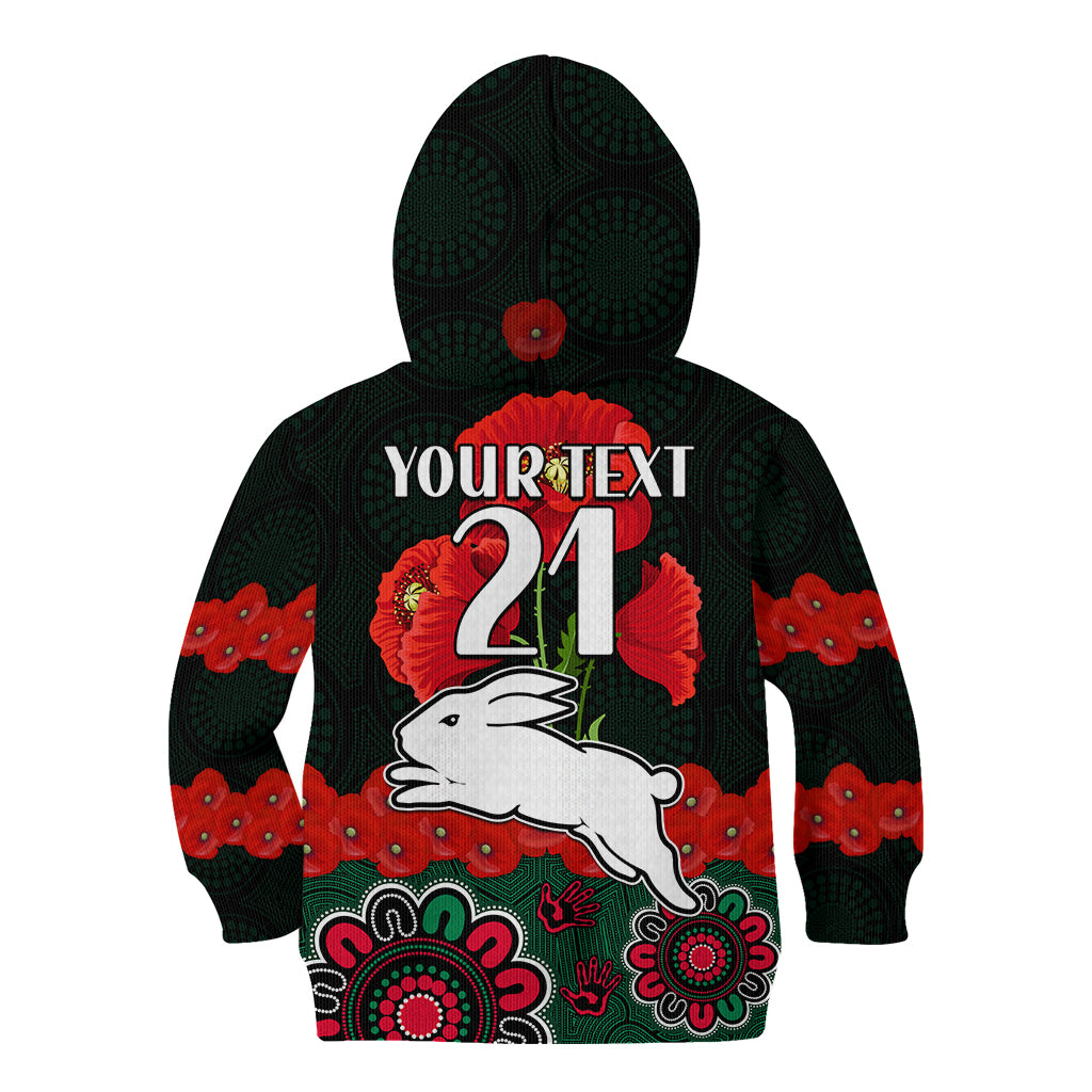 (Custom Text And Number) ANZAC 2023 NRL Rabbitohs Rugby Kid Hoodie The Bunnies 1908 Poppy Flowers Mixed Aboriginal - Vibe Hoodie Shop