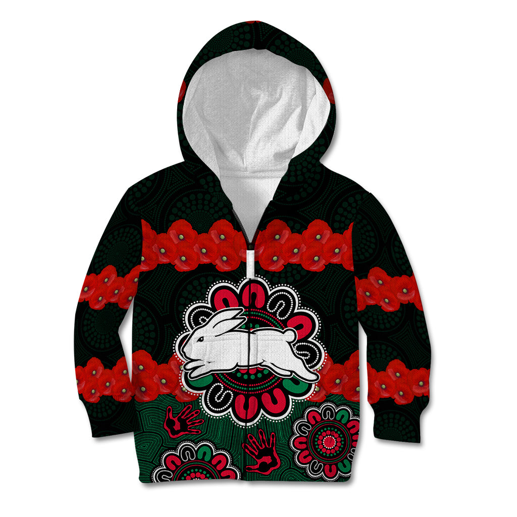 (Custom Text And Number) ANZAC 2023 NRL Rabbitohs Rugby Kid Hoodie The Bunnies 1908 Poppy Flowers Mixed Aboriginal - Vibe Hoodie Shop