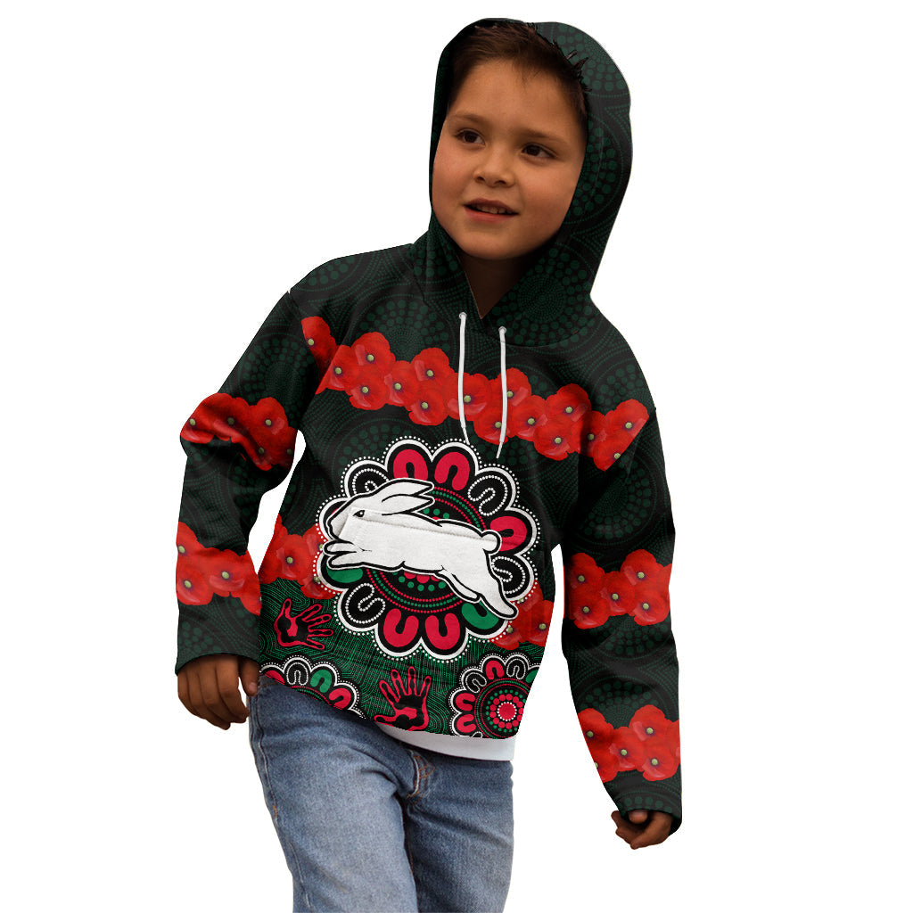 (Custom Text And Number) ANZAC 2023 NRL Rabbitohs Rugby Kid Hoodie The Bunnies 1908 Poppy Flowers Mixed Aboriginal - Vibe Hoodie Shop