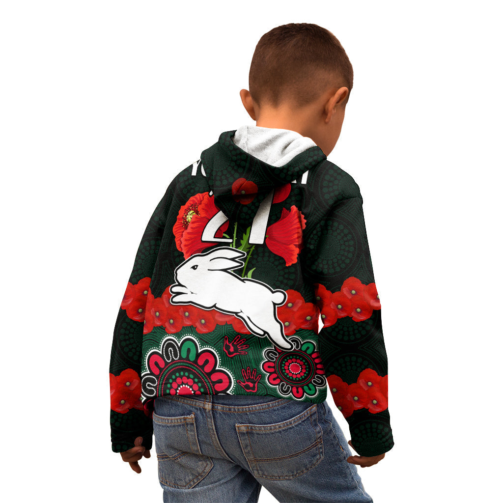 (Custom Text And Number) ANZAC 2023 NRL Rabbitohs Rugby Kid Hoodie The Bunnies 1908 Poppy Flowers Mixed Aboriginal - Vibe Hoodie Shop