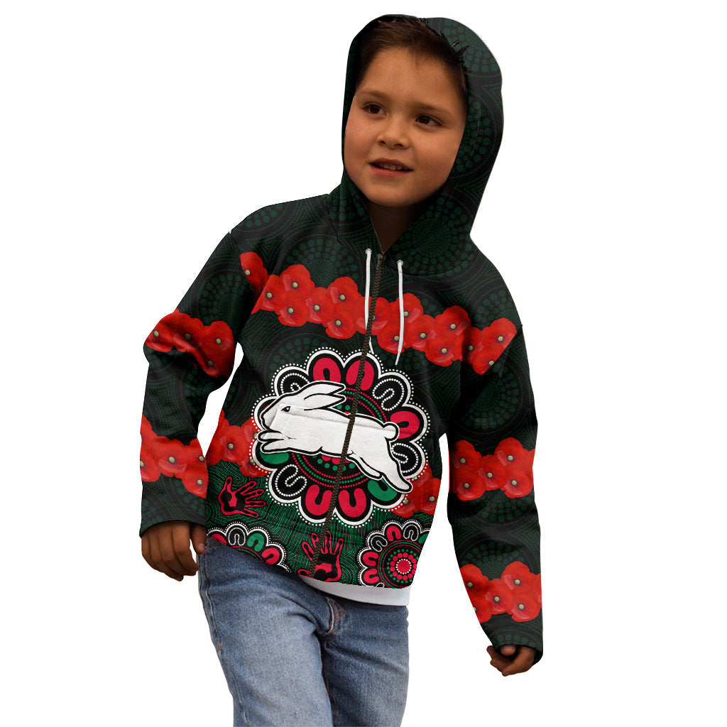 (Custom Text And Number) ANZAC 2023 NRL Rabbitohs Rugby Kid Hoodie The Bunnies 1908 Poppy Flowers Mixed Aboriginal - Vibe Hoodie Shop