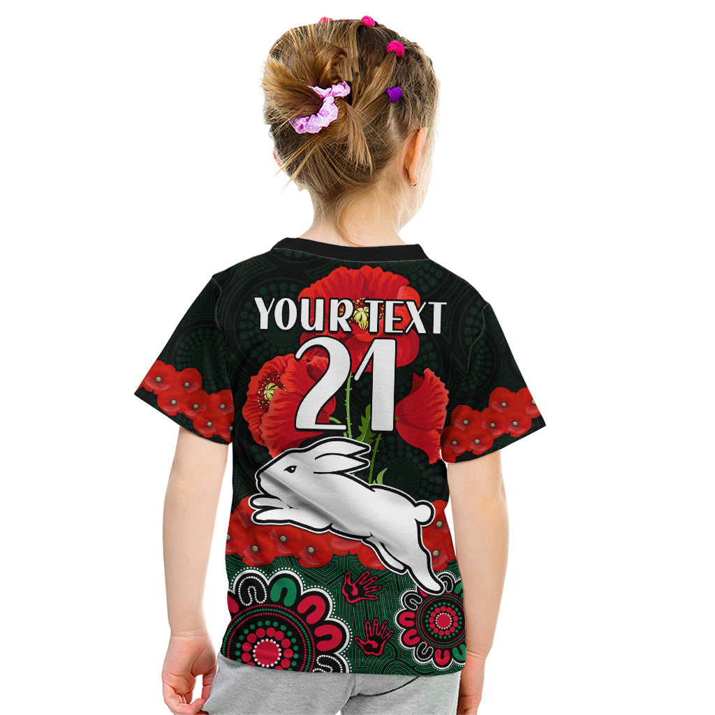 (Custom Text And Number) ANZAC 2023 NRL Rabbitohs Rugby Kid T Shirt The Bunnies 1908 Poppy Flowers Mixed Aboriginal - Vibe Hoodie Shop