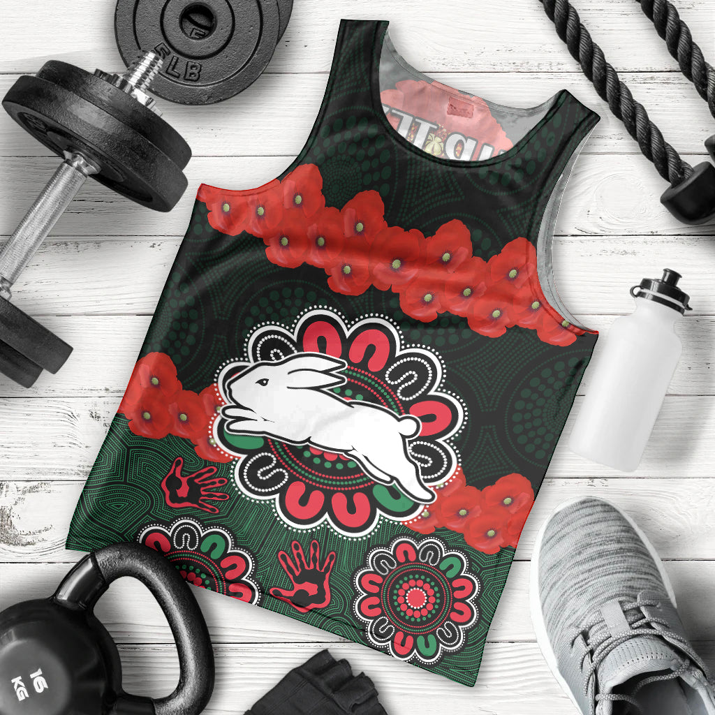 (Custom Text And Number) ANZAC 2023 NRL Rabbitohs Rugby Men Tank Top The Bunnies 1908 Poppy Flowers Mixed Aboriginal - Vibe Hoodie Shop